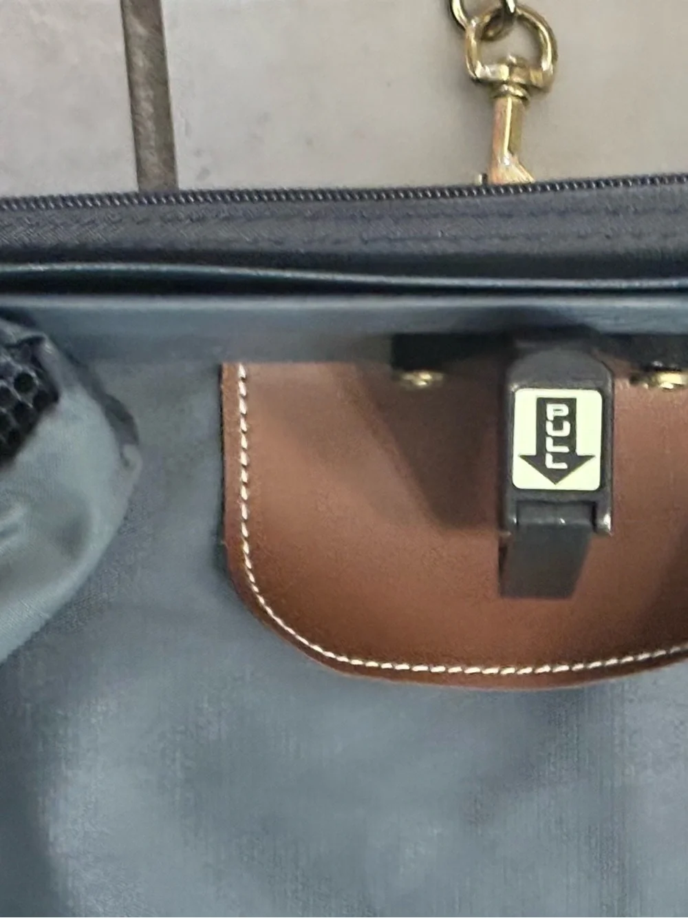 Express Navy Garment Bag with Brown Trim and Hanging Hook
